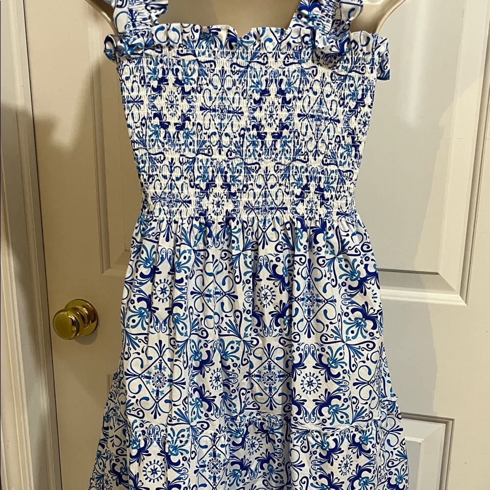 Hill House White and Blue Smocked Midi Dress - Picture 5 of 8